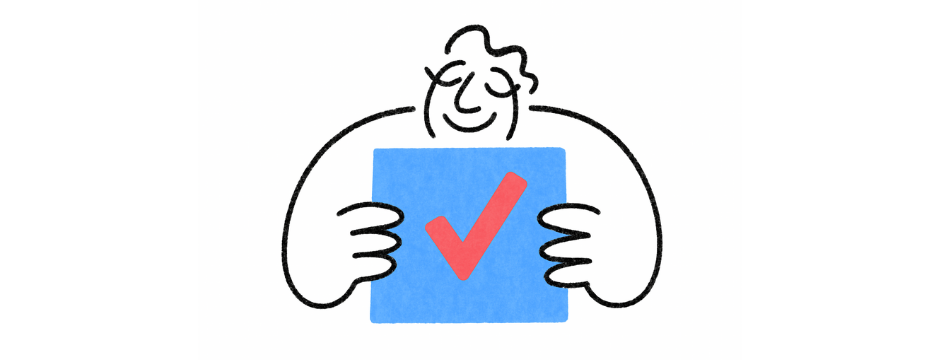Minimalist illustration of smiling spa inspector holding blue compliance certificate with red tick