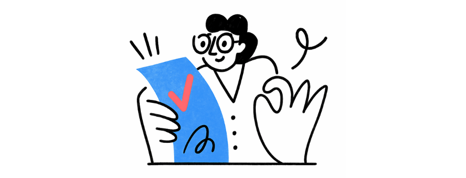 Whimsical sketch of female inspector reviewing blue document with pink checkmark